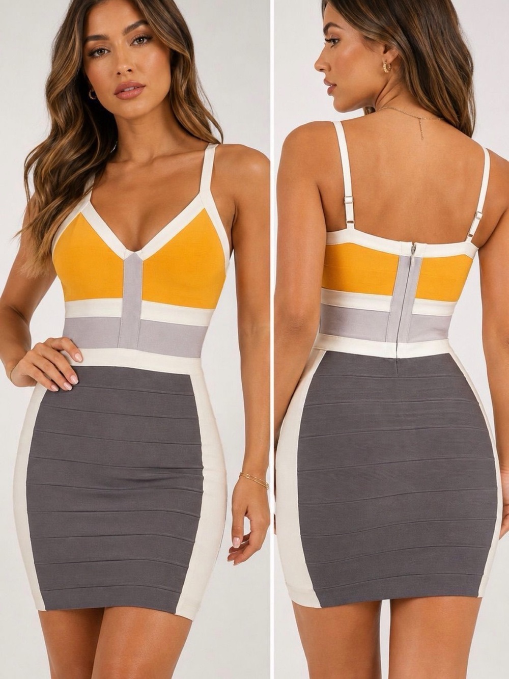 Colorblock Yellow, Gray and White Bodycon Mini Dress